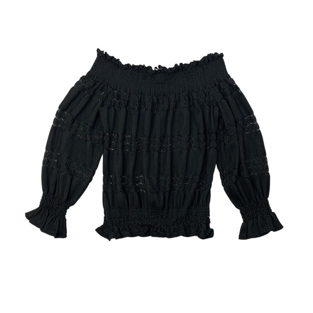 Cotton Chicks Top Womens Large Black Lace Open Knit Smocked Off Shoulder Blouse